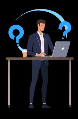 What is SEO? main standing next to a laptop with a question mark over his head